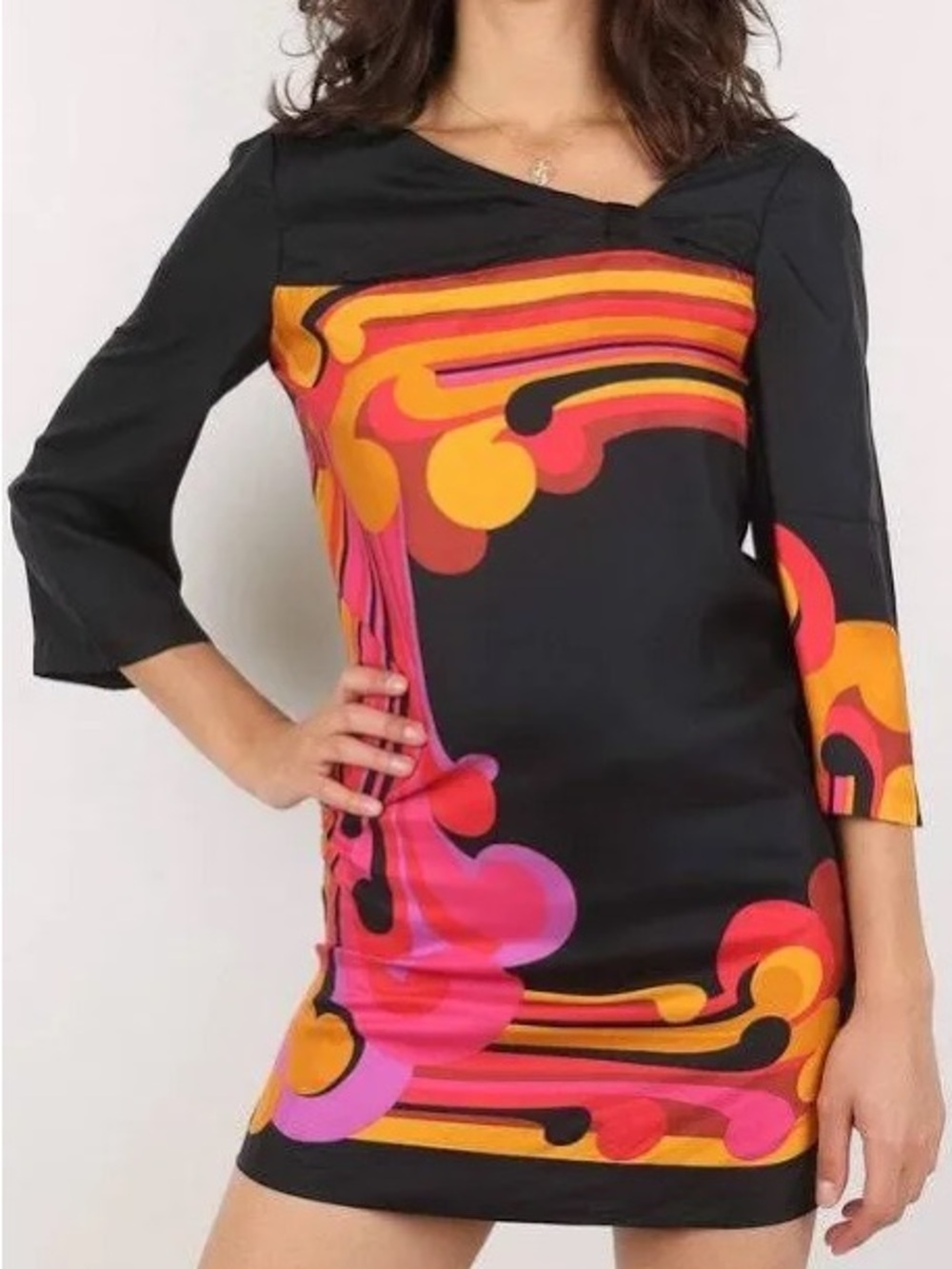 Tibi Black Mini Dress with Pink and Orange Retro Print
